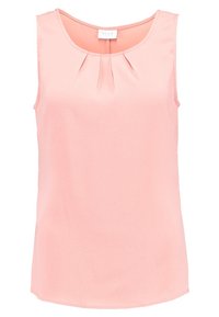 Blusa sin mangas de color rosa, hecha de un tejido suave, con escote redondo, pliegues fruncidos en el delantero y un dobladillo ligeramente curvado.