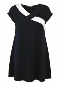 Navy dress featuring a crossbody white panel, short sleeves, and a relaxed A-line silhouette, made from stretchy fabric for comfort.