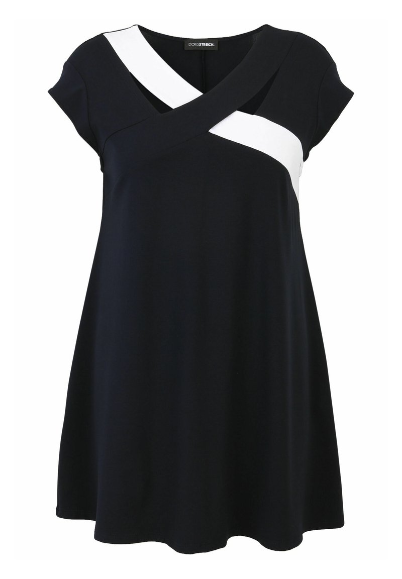 Navy dress featuring a crossbody white panel, short sleeves, and a relaxed A-line silhouette, made from stretchy fabric for comfort.