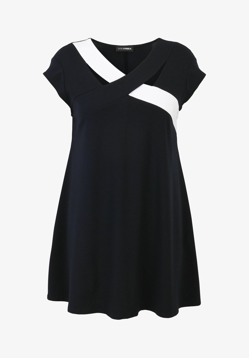 Navy dress featuring a crossbody white panel, short sleeves, and a relaxed A-line silhouette, made from stretchy fabric for comfort.