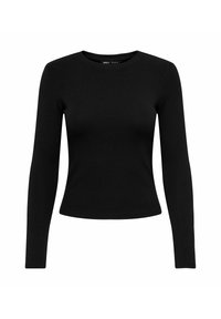 Top nero a maniche lunghe, realizzato in tessuto liscio e elasticizzato. Presenta un collo rotondo e una silhouette aderente con una lunghezza cropped.