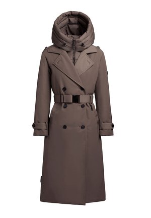 Long brown trench coat with a puffy, detachable hood, double-breasted design, belt at the waist, and buttoned cuffs. Smooth fabric texture.