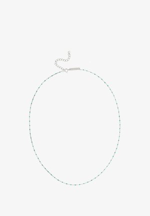 Collier délicat en perles avec des perles turquoise et blanches sur une fine chaîne en argent. Fermeture avec un fermoir en argent et une chaînette d'extension.