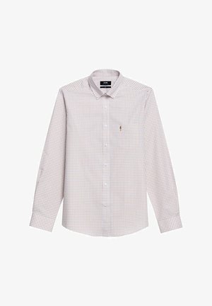 Koszula w kratę z długim rękawem w jasnoróżowym i białym kolorze, z kołnierzykiem zapinanym na guziki oraz pojedynczą kieszenią na klatce piersiowej z małym detalem logo.