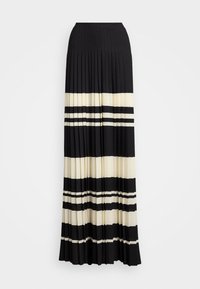 Melnas un krēmkrāsas plisētās maxi svārki ar horizontālām svītrām. Ar elastīgu jostu un plūstošu audumu. Elegants un strukturēts dizains.