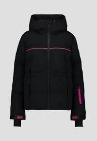 Giacca a vento nera con cappuccio, caratterizzata da dettagli rosa, due tasche frontali e una tasca con zip sulla manica sinistra. Tessuto strutturato con design trapuntato.