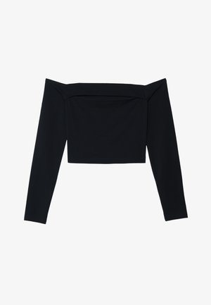 Crni top dugih rukava s otpalim ramenima, napravljen od mekog materijala. Skraćeni dizajn s glatkom teksturom i šavovima na prsima.