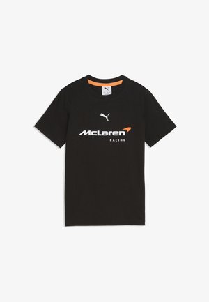 Black short-sleeve T-shirt with white Puma logo and "McLaren Racing" text and orange accent inside the collar.