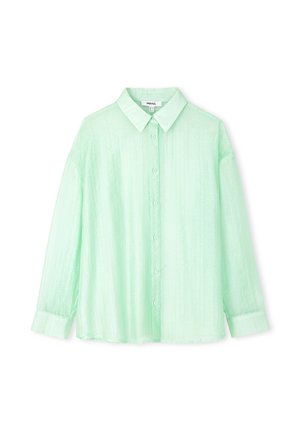 Camicia verde menta a maniche lunghe con bottoni, realizzata in tessuto testurizzato. Presenta un colletto classico e maniche con polsini, con sei bottoni abbinati lungo la parte frontale.