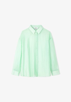 Camicia verde menta a maniche lunghe con bottoni, realizzata in tessuto testurizzato. Presenta un colletto classico e maniche con polsini, con sei bottoni abbinati lungo la parte frontale.