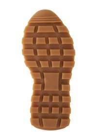 Rubber shoe sole in light brown with a patterned tread. Features rectangular and square shapes for traction, textured surface for grip.