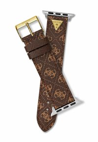 Correa de reloj de cuero marrón con patrón de logotipo en relieve, hebilla dorada y herrajes plateados. Superficie texturizada con costuras en contraste y muescas.