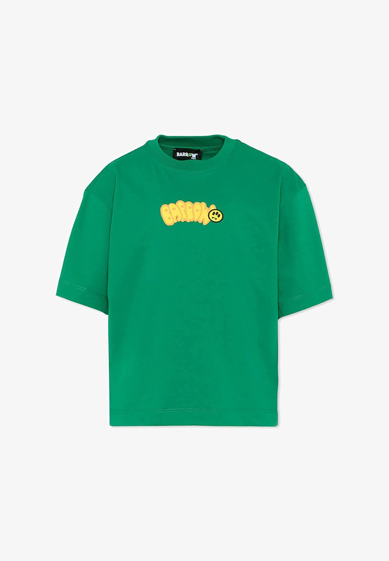 Zielony t-shirt z krótkim rękawem z żółtym napisem "BARROW" i małą żółtą grafiką uśmiechniętej buźki na klatce piersiowej, z okrągłym dekoltem.