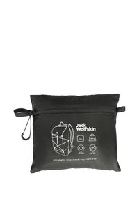 Pouch nera compatta realizzata in nylon riciclato con cerniera. Presenta illustrazioni bianche e dettagli testuali sulle specifiche di uno zaino.