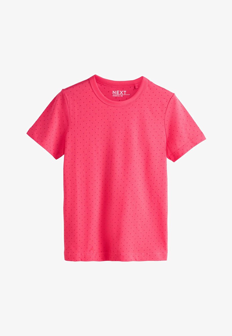 T-shirt rosa a maniche corte realizzata in tessuto morbido, con scollo rotondo e delicato motivo a pois su tutta la superficie.
