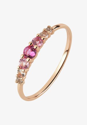 Roségoldring mit einer Reihe von fünf Edelsteinen, die abwechselnd in rosa und klaren Farbtönen gefasst sind, in einem glatten Band. Das Design ist zart und minimalistisch.