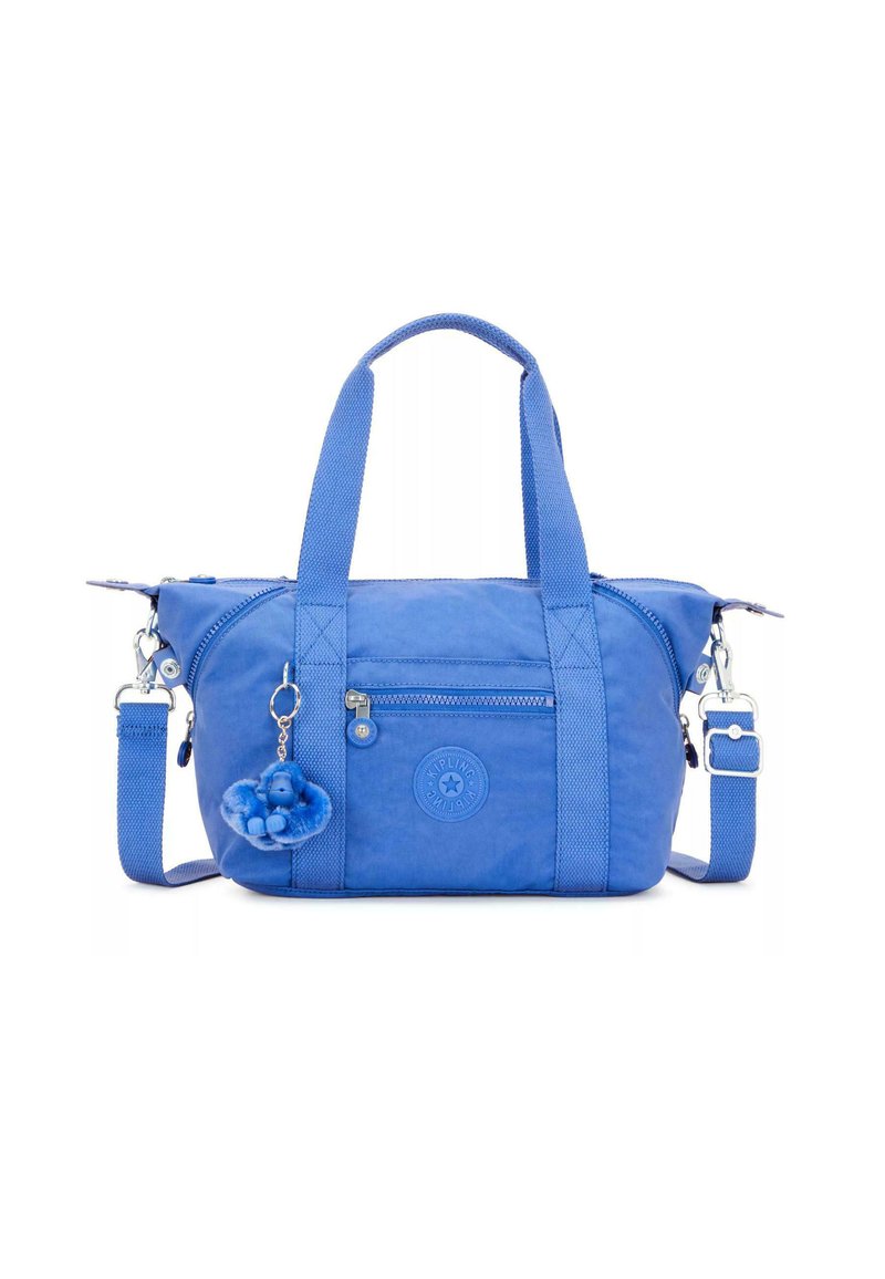 Blue polyester handbag with dual handles and a detachable shoulder strap. Features a front zipped pocket and a plush keychain accent.