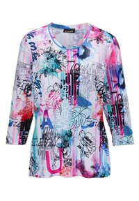 Mehrfarbiges Langarmbluse mit floralen Mustern, abstrakten Grafiken in Blau-, Rosa- und Schwarztönen, mit Rundhalsausschnitt und entspannter Passform.