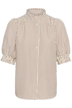 Blouse à manches courtes avec rayures rouges verticales sur fond blanc, col mandarin, devant boutonné et poignets élastiqués froncés.