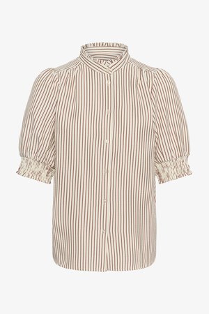 Blouse à manches courtes avec rayures rouges verticales sur fond blanc, col mandarin, devant boutonné et poignets élastiqués froncés.