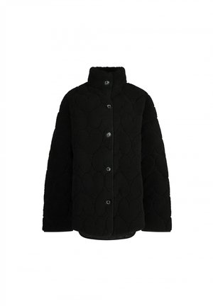 Black quilted jacket made of fleece, featuring a high collar, button closure, and textured heart pattern on the surface.
