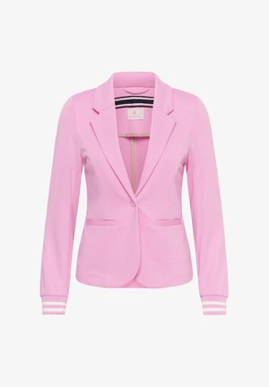 Blazer rosa con revers a lancia, chiusura con un solo bottone, maniche lunghe con polsini a righe bianche e due tasche frontali a filetto.
