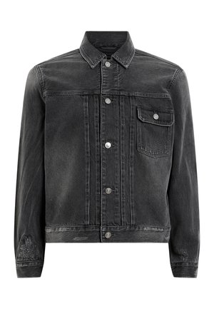 Sort denimjakke, klassisk form, enkelt brystlomme med klap, metalknapper, falmede tekstur, slidte detaljer langs manchetter og kant.