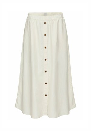 Weiße Midi-Rock mit elastischem Bund, Frontknopfverschluss und leicht ausgestelltem Saum. Hergestellt aus weichem, strukturiertem Stoff.