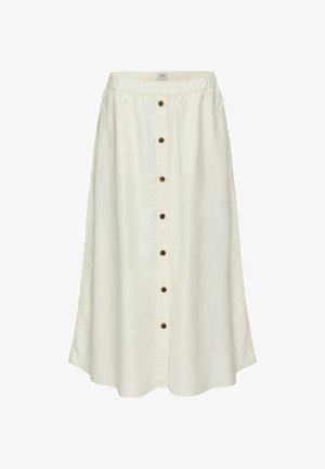 White midi skirt with an elastic waistband, front button closure, and a slightly flared hem. Made from soft, textured fabric.
