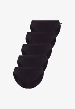 Schwarze Baumwollslips im 5er-Pack. Sie verfügen über eine glatte Textur mit einem breiten, weichen Bund und kleinen Logo-Akzenten an der Seite.