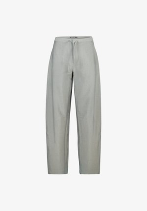 Pantalones rectos de color gris claro con cintura elástica y cordón en la parte delantera, diseñados para un ajuste relajado.