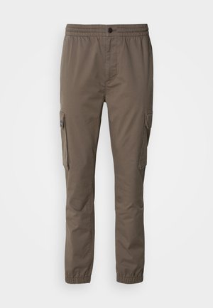 Cargo bukser i en afdæmpet brun farve, med elastisk talje, sidelommer og en glat tekstur. Letvægts, afslappet design.