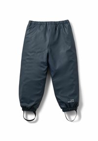 Pantalones oscuros grises impermeables con una cintura elástica, tobillos fruncidos y lazos laterales, fabricados con un material suave y duradero.