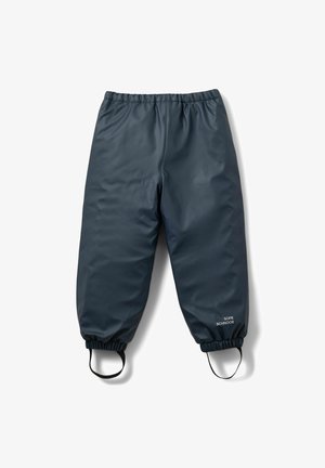 Ūdensizturīgas tumši pelēkas bikses ar elastīgu jostu, savelktām potītēm un sānu cilpām, izgatavotas no gluda, izturīga materiāla.