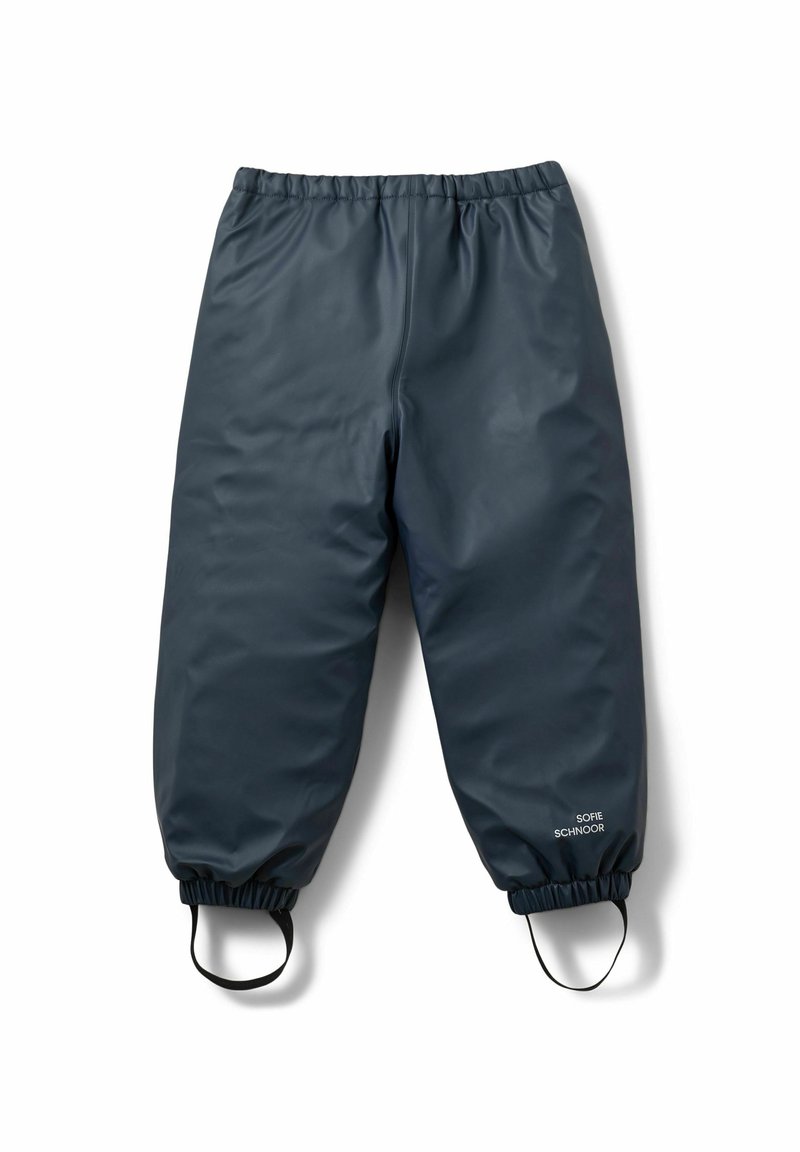 Pantalones oscuros grises impermeables con una cintura elástica, tobillos fruncidos y lazos laterales, fabricados con un material suave y duradero.