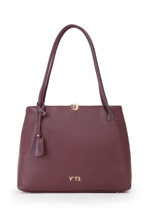 Borsa tote in pelle viola scuro con doppi manici, logo color oro "V°73" e piccolo tag in pelle applicato.