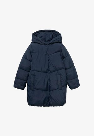 Donkerblauwe pufferjas, gewatteerd ontwerp, met capuchon en twee voorkennis, gemaakt van lichtgewicht, geïsoleerd materiaal voor warmte.