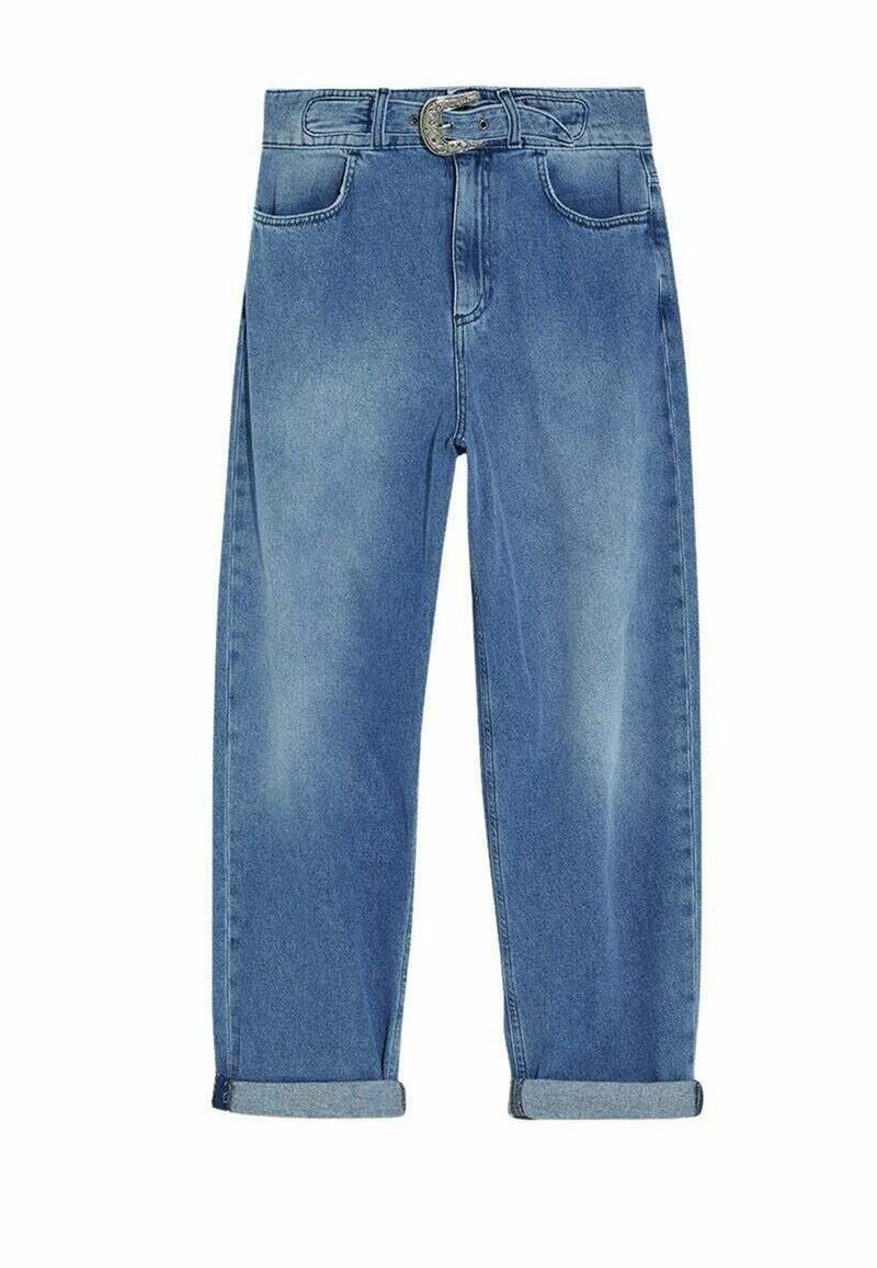 Helle blaue hochgeschnittene Jeans aus Denim mit umgeschlagenem Saum. Verfügt über einen Gürtel mit einer silbernen Schnalle und zwei Tasche vorne.