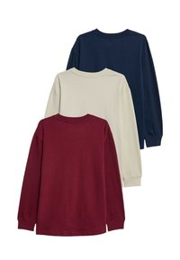 Trzy longsleeve'y w kolorach ciemnoczerwonym, kremowym i granatowym, prezentujące prosty wzór, z okrągłymi dekoltami i miękkim bawełnianym materiałem.