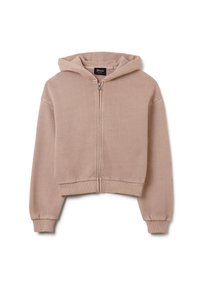 Sudadera con capucha recortada en beige claro, hecha de tela suave con cremallera frontal, puños acanalados y dobladillo para un ajuste cómodo.