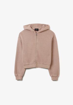 Cropped hooded sweatshirt in light beige, made of soft fabric with a front zipper, ribbed cuffs, and hem for a comfortable fit.