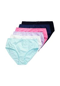 Sei paia di mutandine in cotone da donna nei colori azzurro chiaro, bianco, lavanda, rosa, blu navy e nero, con una texture liscia e dettagli a fiocco.