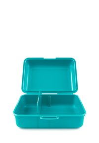 Pranzo blu turchese con forma rettangolare, realizzato in plastica. Presenta un divisorio rimovibile e un coperchio a cerniera. Texture liscia e opaca.