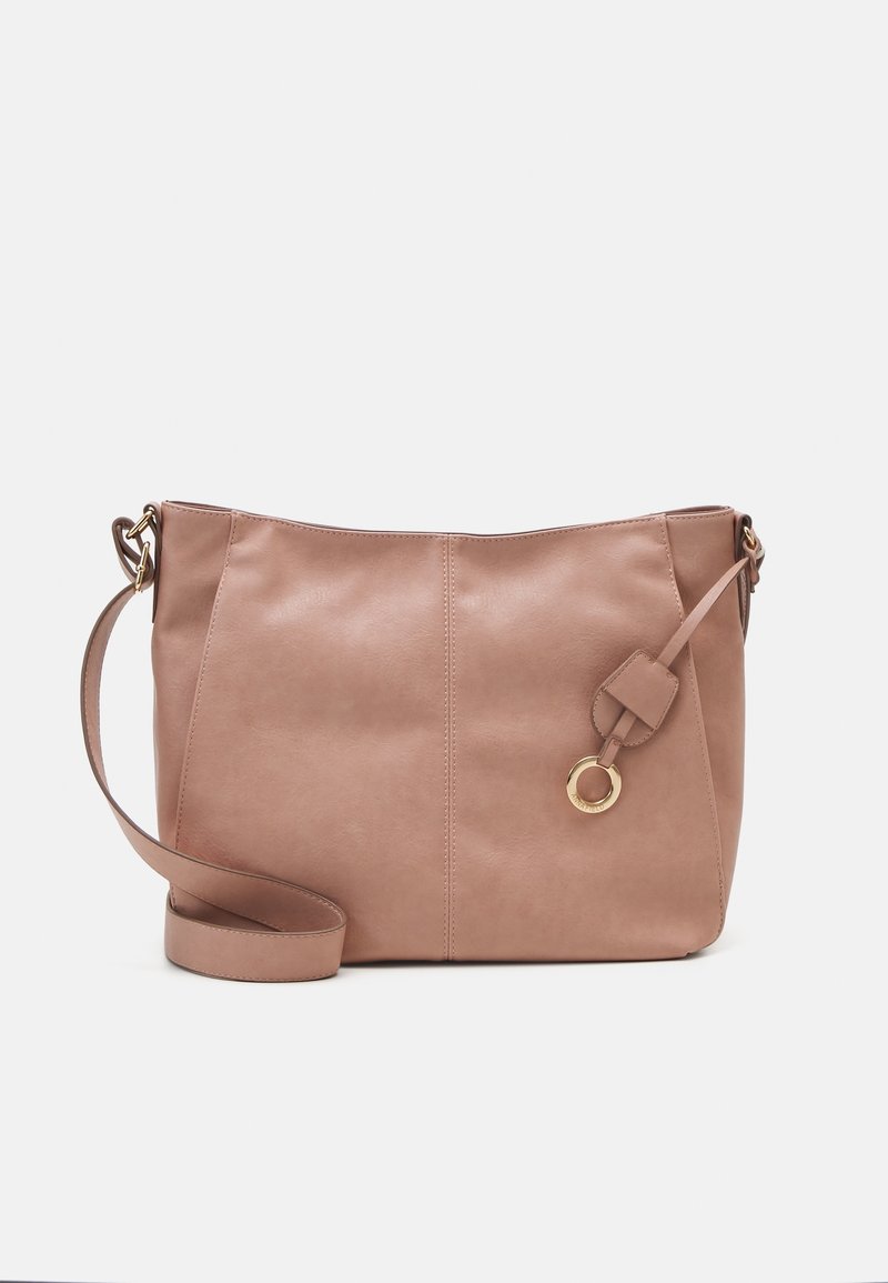 Borsa a spalla in similpelle rosa con design piatto, cinturino laterale e dettagli in metallo color oro. Presenta un anello decorativo sul lato.