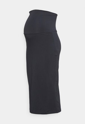 Černá mateřská sukně s vysokým pasem, délkou ke kolenům, měkkou texturou a přiléhavým střihem pro pohodlí.