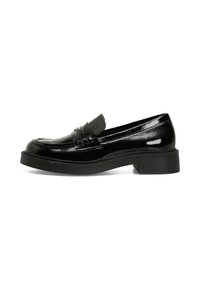 Black patent leather loafers with a rounded toe, strap detail, and a low block heel. Smooth texture with a polished finish.