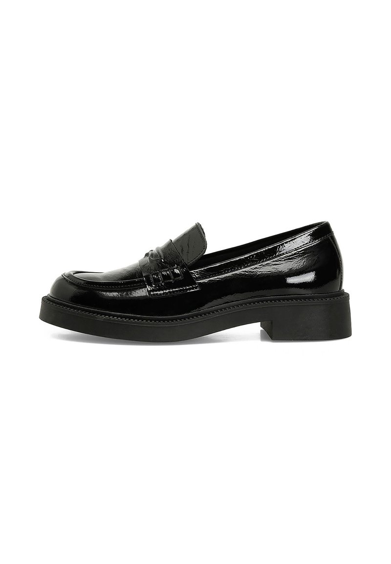 Black patent leather loafers with a rounded toe, strap detail, and a low block heel. Smooth texture with a polished finish.