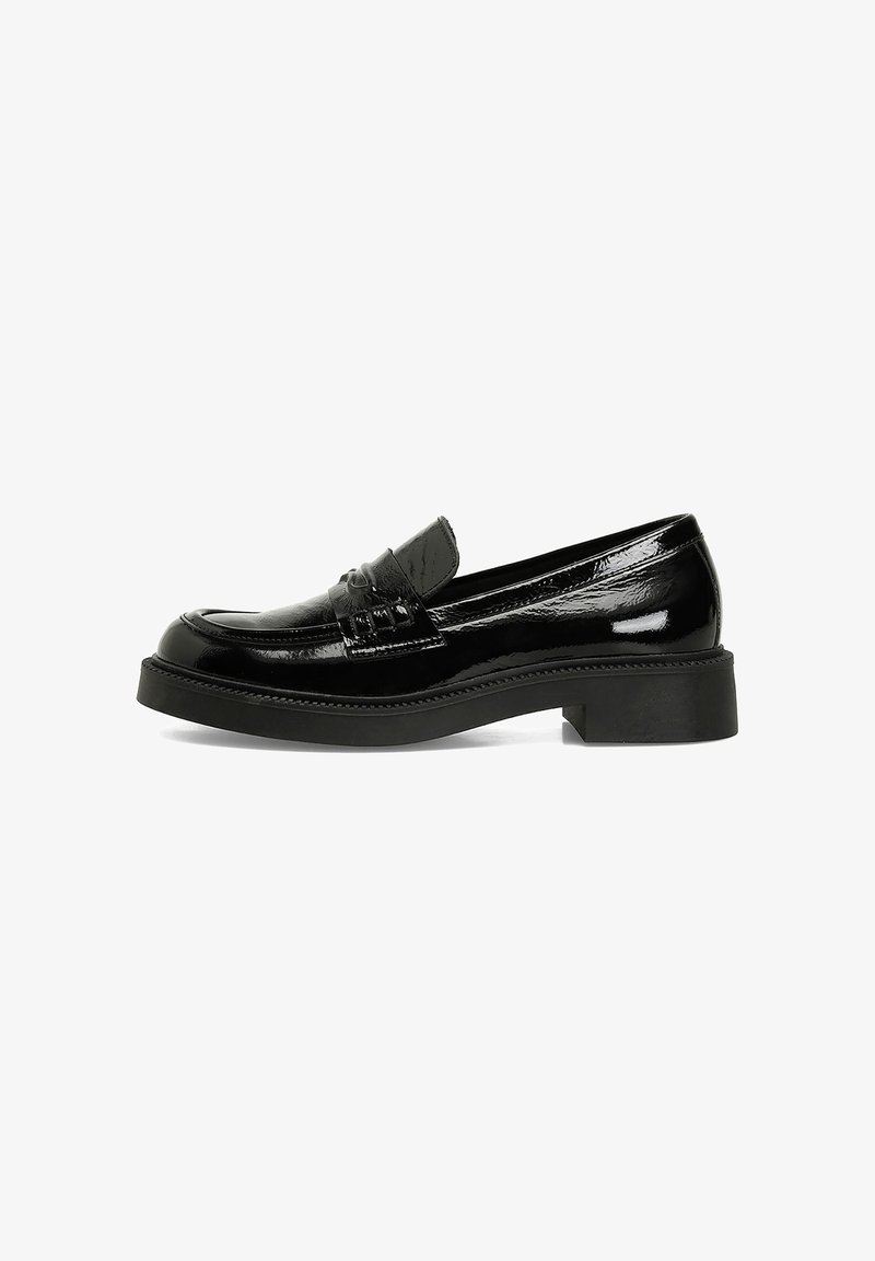 Black patent leather loafers with a rounded toe, strap detail, and a low block heel. Smooth texture with a polished finish.