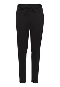 Zwarte broek van zachte stof, met een strik taille, taps toelopende pijpen en zijzakken; gladde textuur met minimale stikseldetails.