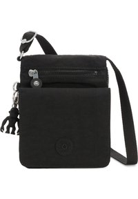 Sort stof crossbody tas med en front lynlås lomme, justerbar rem og abe charme. Har et rundt logo foran.